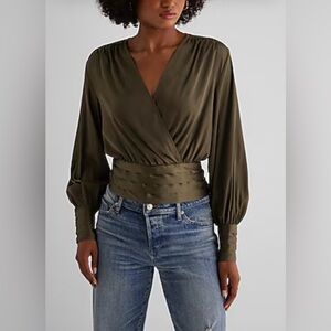 Satin V-Neck Balloon Sleeve Faux Wrap Top